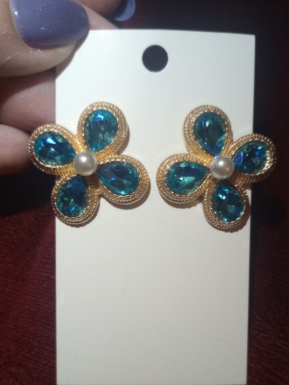 Stunning Gold Tone Crystal Blue Floral Earrings with Pearl Center